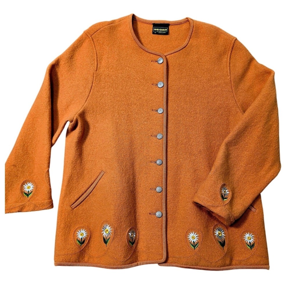 Vintage GEIGER Collections Cardigan Women 48 Austria Wool Flowers Orange Sweater